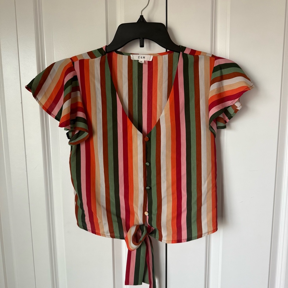 Rainbow Colored Flutter Sleeve Crop Blouse